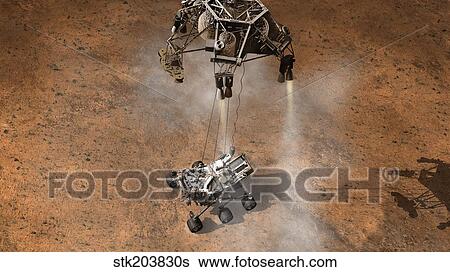 Stock Illustration - Artist's concept of NASA's Curiosity rover touching down onto the Martian surface.. Fotosearch