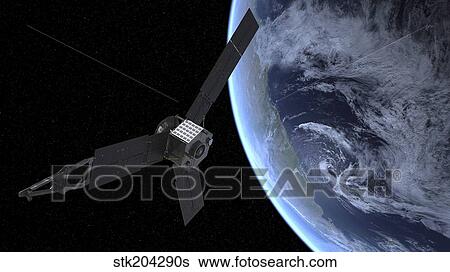 Stock Illustration - Artist's concept of NASA's Juno spacecraft during its Earth flyby gravity assist.. Fotosearch