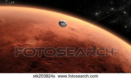 Stock Illustration - Artist's concept of NASA's Mars Science Laboratory spacecraft approaching Mars.. Fotosearch