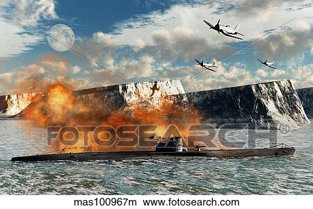 Stock Illustration - Artist's concept of Operation High Jump to find secrect military base in the Antarctic. Fotosearch