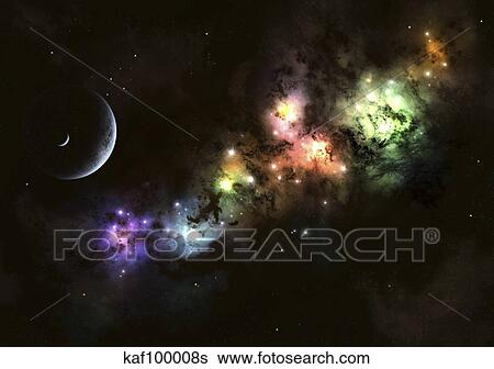 Stock Illustration - Artist's concept of Planet Carenteen, a dwarf planet host to beautiful night skies.. Fotosearch