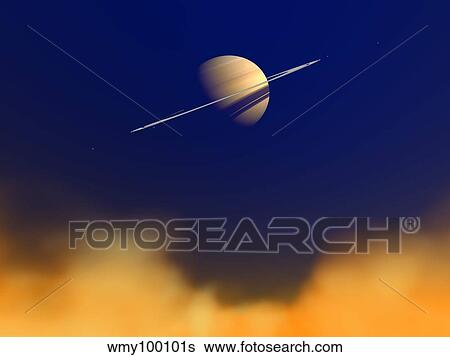 Stock Illustration - Artist's concept of Saturn amongst the hydrocarbon haze of its moon Titan.. Fotosearch
