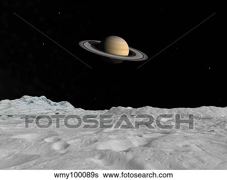 Artist's concept of Saturn as seen from the surface of its moon Iapetus. View Large Illustration Stock Illustration - Artist's concept of Saturn as seen from the surface of its moon Iapetus.. Fotosearch