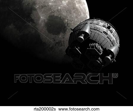 Stock Illustration - Artist's concept of the Aries 1B spacecraft approaching the Moon.. Fotosearch