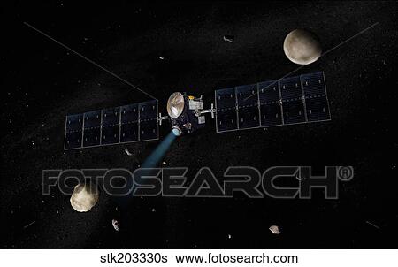 Artist's concept of the Dawn spacecraft in orbit around the large asteroid Vesta and the dwarf planet Ceres. View Large Illustration Stock Illustration - Artist's concept of the Dawn spacecraft in orbit around the large asteroid Vesta and the dwarf planet Ceres.. Fotosearch