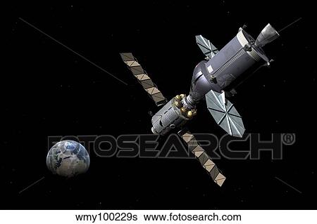 Stock Illustration - Artist's concept of the Deep Space Vehicle mated with an Extended Stay Module.. Fotosearch