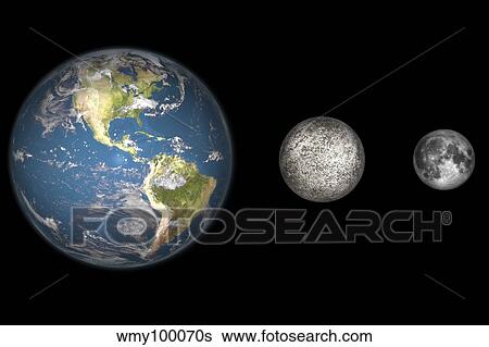 Stock Illustration - Artist's concept of the Earth, Mercury, and Earth's moon to scale.. Fotosearch