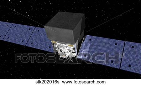 Stock Illustration - Artist's concept of the Gamma-Ray Large Area Space Telescope, or GLAST.. Fotosearch