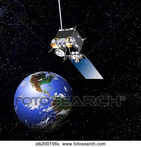 Stock Illustration - Artist's concept of the GOES-N spacecraft in orbit.. Fotosearch