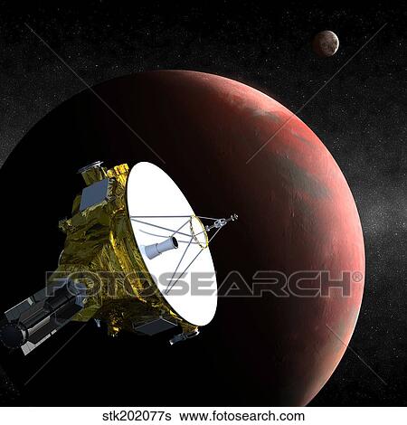 Stock Illustration - Artist's concept of the New Horizons spacecraft as it approaches Pluto and its largest moon, Charon.. Fotosearch