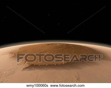 Stock Illustration - Artist's concept of the northwest side of the Olympus Mons volcano on Mars. Fotosearch