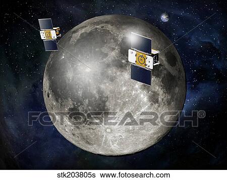 Artist's concept of twin GRAIL spacecraft orbiting the moon. View Large Illustration Stock Illustration - Artist's concept of twin GRAIL spacecraft orbiting the moon.. Fotosearch