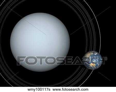 Stock Illustration - Artist's concept of Uranus and Earth to scale.. Fotosearch