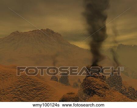 Stock Illustration - Artist's concept of volcanic activity on the surface of Venus.. Fotosearch