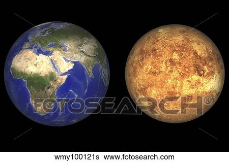 Stock Illustration - Artist's concept showing Earth and Venus without their atmospheres.. Fotosearch