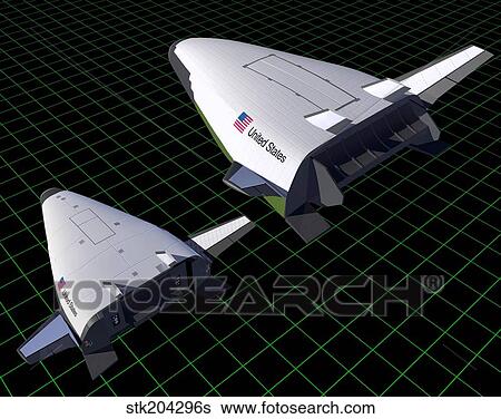 Stock Illustration - Artist's concept showing the relative sizes of the X-33 and VentureStar.. Fotosearch
