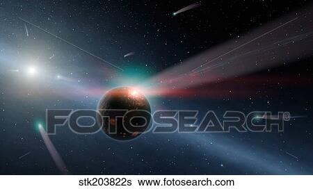 Stock Illustration - Artist's conception of a storm of comets in the Eta Corvi system.. Fotosearch