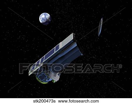 Artists conception of Spitzer ejecting its dust cover. View Large Illustration Stock Illustration - Artists conception of Spitzer ejecting its dust cover.. Fotosearch