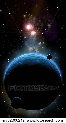 Artist's depiction of a blue planet and it's orbiting small moons. View Large Illustration Stock Illustration - Artist's depiction of a blue planet and it's orbiting small moons.. Fotosearch