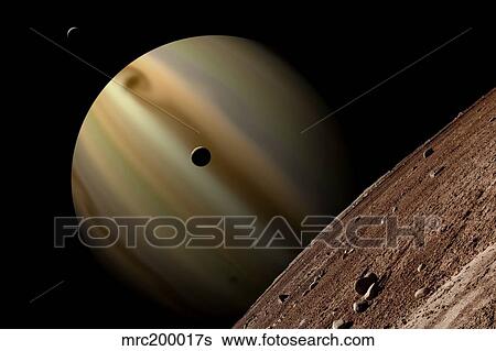 Artist's depiction of a gas giant planet surrounded by three moons. View Large Illustration Stock Illustration - Artist's depiction of a gas giant planet surrounded by three moons.. Fotosearch