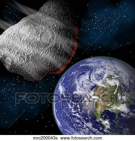 Stock Illustration - Artist's depiction of a large asteroid approaching Earth on a collision course.. Fotosearch