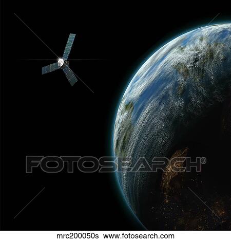 Stock Illustration - Artist's depiction of a satellite in orbit around an Earth-like inhabited world.. Fotosearch