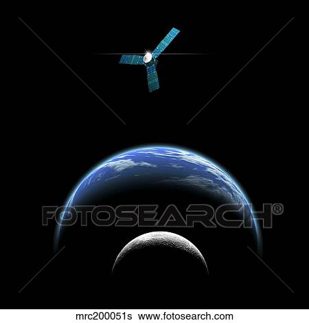 Stock Illustration - Artist's depiction of a satellite in orbit around an Earth-like world and moon.. Fotosearch