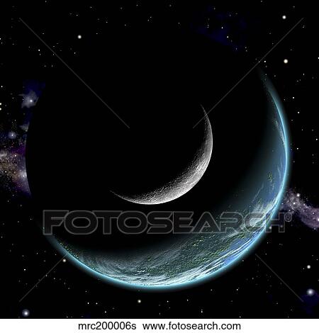 Artist's depiction of an Earth-like world with a large rocky moon orbiting. View Large Illustration Stock Illustration - Artist's depiction of an Earth-like world with a large rocky moon orbiting.. Fotosearch