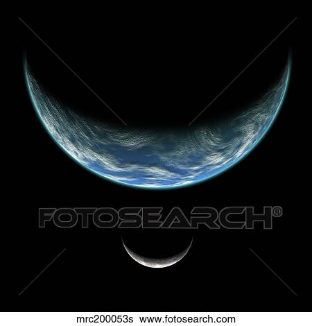 Artist's depiction of an Earth-like planet with an orbiting moon. View Large Illustration Stock Illustration - Artist's depiction of an Earth-like planet with an orbiting moon.. Fotosearch