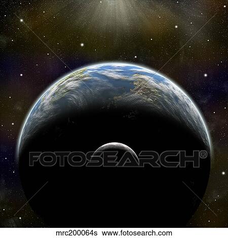 Artist's depiction of an Earth-like planet with it's orbiting moon. View Large Illustration Stock Illustration - Artist's depiction of an Earth-like planet with it's orbiting moon.. Fotosearch