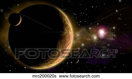 Stock Illustration - Artist's depiction of an orange and cloudy world with two moons.. Fotosearch