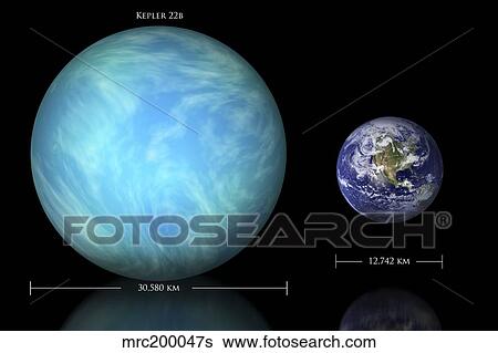 Stock Illustration - Artist's depiction of the difference in size between Earth and Kepler 22b.. Fotosearch