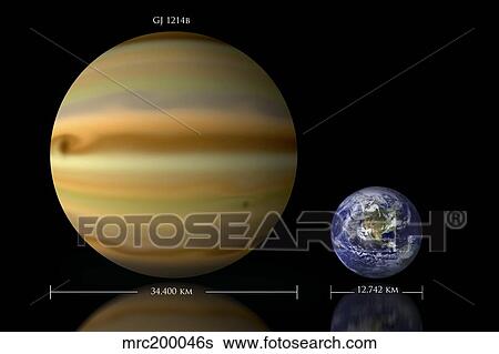 Stock Illustration - Artist's depiction of the size relationship between Earth and Gliese 1214b.. Fotosearch