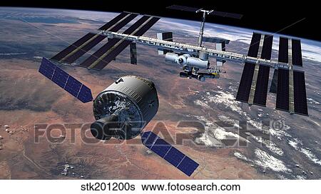 Stock Illustration - Artist's rendition of a rendezvous with the International Space Station.. Fotosearch