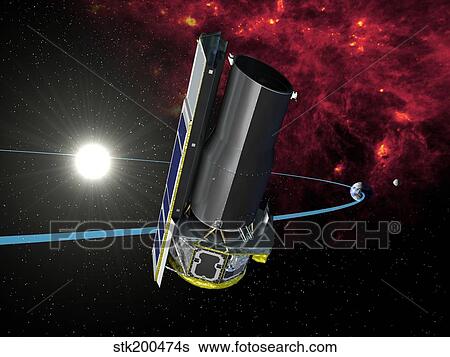 Artists rendition of Spitzer in its heliocentric orbit. View Large Illustration Stock Illustration - Artists rendition of Spitzer in its heliocentric orbit.. Fotosearch