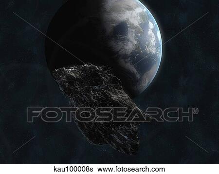 Asteroid in front of the Earth. View Large Illustration Stock Illustration - Asteroid in front of the Earth.. Fotosearch