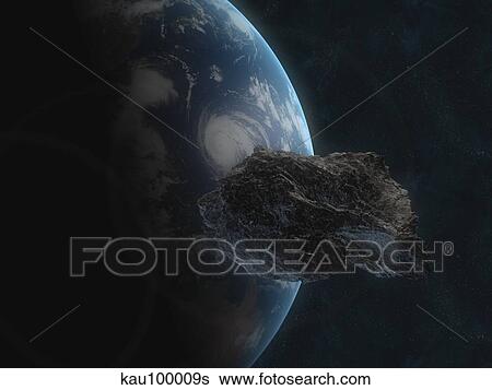 Stock Illustration - Asteroid in front of the Earth.. Fotosearch