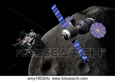 Asteroid Lander departs from Deep Space Vehicle. View Large Illustration Stock Illustration - Asteroid Lander departs from Deep Space Vehicle.. Fotosearch
