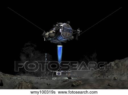 Asteroid Lander departs surface of a large asteroid. View Large Illustration Stock Illustration - Asteroid Lander departs surface of a large asteroid.. Fotosearch