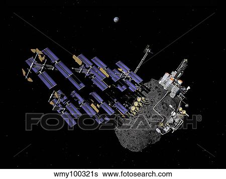 Asteroid mining outpost. View Large Illustration Stock Illustration - Asteroid mining outpost.. Fotosearch