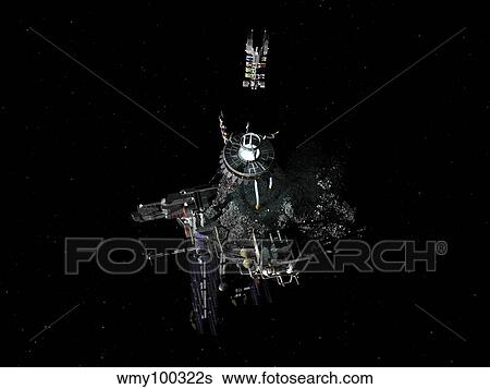 Stock Illustration - Asteroid mining outpost.. Fotosearch