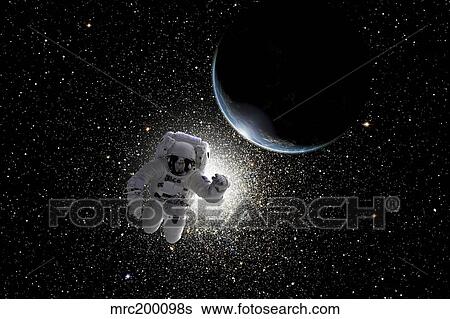 Astronaut floating in deep space with an Earth-like planet in background. View Large Illustration Stock Illustration - Astronaut floating in deep space with an Earth-like planet in background.. Fotosearch
