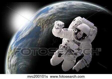 Astronaut floating in outer space with visible sunrise from an Earth-like planet. View Large Illustration Stock Illustration - Astronaut floating in outer space with visible sunrise from an Earth-like planet.. Fotosearch