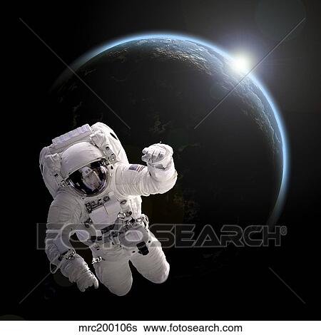 Astronaut floating in space as the sun rises on an Earth-like planet. View Large Illustration Stock Illustration - Astronaut floating in space as the sun rises on an Earth-like planet.. Fotosearch