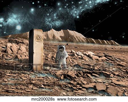 Astronaut on an alien world discovers an artifact that indicates past intelligent life. View Large Illustration Stock Illustration - Astronaut on an alien world discovers an artifact that indicates past intelligent life.. Fotosearch