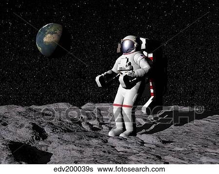 Astronaut on moon with Earth in the background. View Large Illustration Stock Illustration - Astronaut on moon with Earth in the background.. Fotosearch