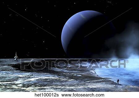 Stock Illustration - Astronaut standing on the edge of a lake of liquid methane at the bottom of a large impact crater.. Fotosearch