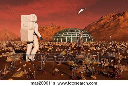 Astronaut walking across the surface of Mars towards a habitat dome. View Large Illustration Stock Illustration - Astronaut walking across the surface of Mars towards a habitat dome.. Fotosearch