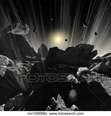 Stock Illustration - Astronauts explore the tumultuous surface of a comet.. Fotosearch