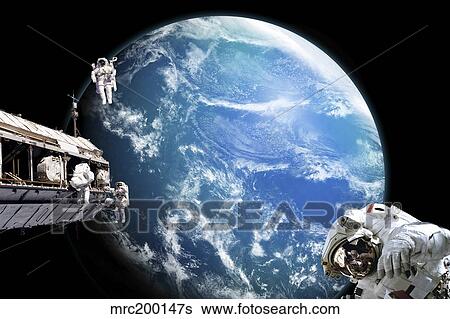 Astronauts perform work on a space station while orbiting above a water covered planet. View Large Photo Image Stock Photograph - Astronauts perform work on a space station while orbiting above a water covered planet.. Fotosearch
